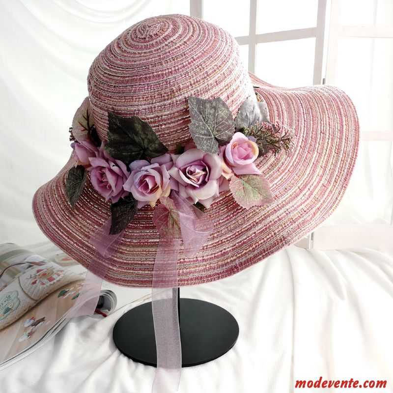 Chapeau Femme Gros Plage All-match Chapeau De Paille Ombre Plier Rose