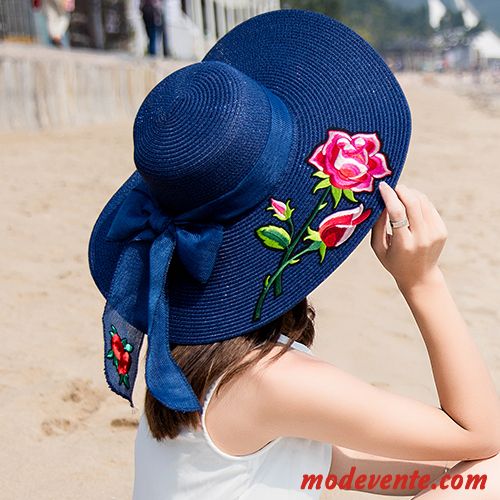 Chapeau Femme Ruban Voyage Chapeau De Soleil Fleurs Ombre Chapeau De Paille Bleu