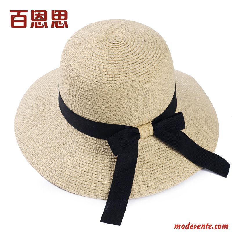 Chapeau Femme Été Chapeau De Paille Britanique Frais Plage Voyage Jaune