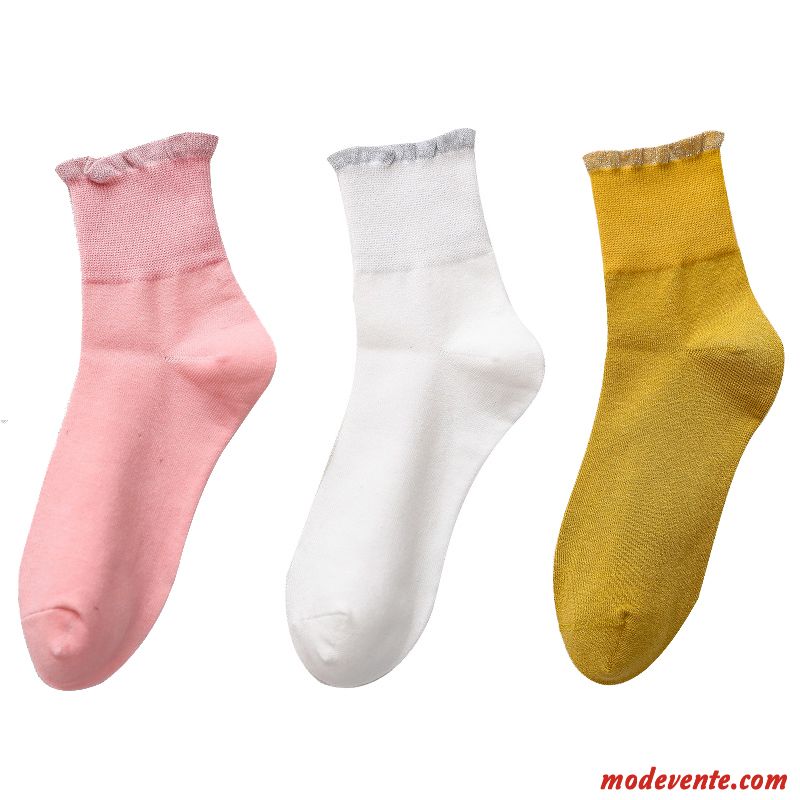 Chaussette Femme Mince Chaussette Longue Dentelle Printemps Coton Milieu Jaune