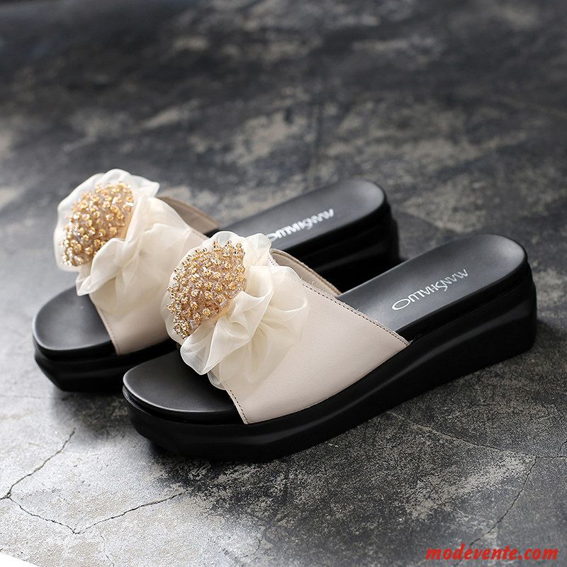 Chaussons Femme Imitation Strass Cuir Véritable Tous Les Assortis Mode Outwear Tongs Chaussons Blanc