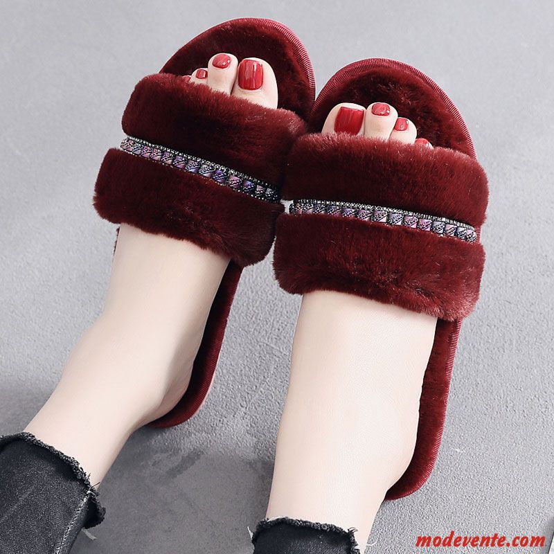 Chaussons Femme Outwear Matelassé De Maison Hiver Charmant Tongs Chaussons Bordeaux Rouge