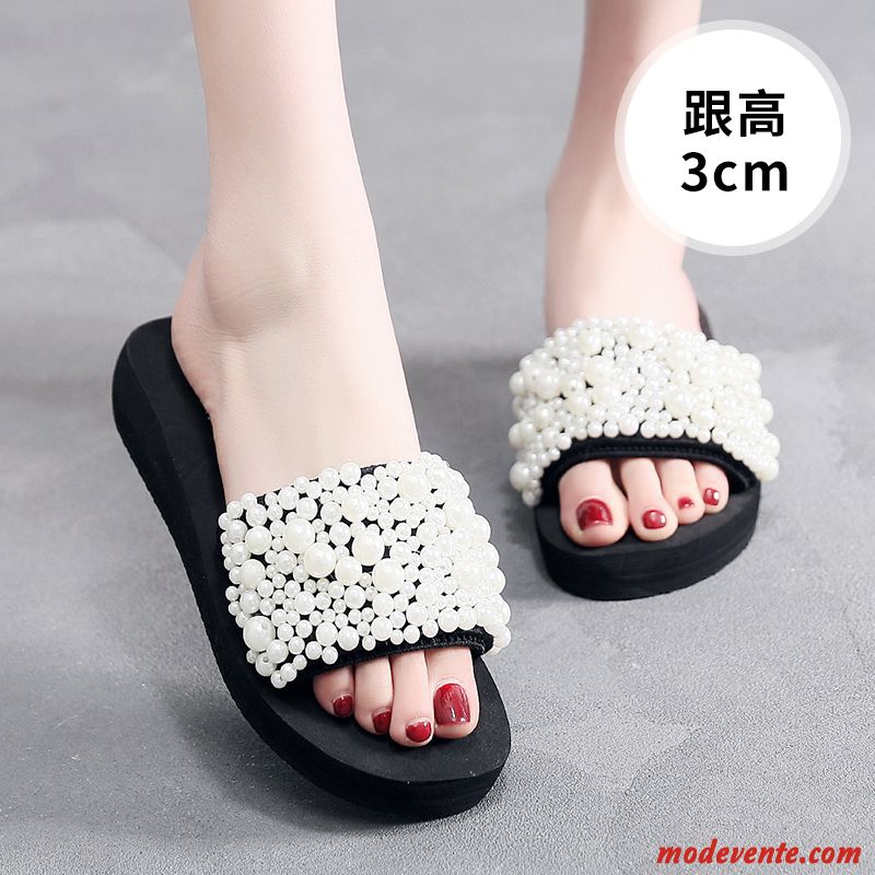 Chaussons Femme Talons Hauts Plage Vacances Antidérapant Perle Tongs Chaussons Noir