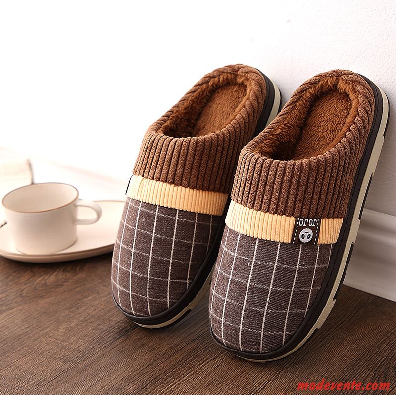 Chaussons Homme Antidérapant Matelassé Femme Chauds Caoutchouc Hiver Marron