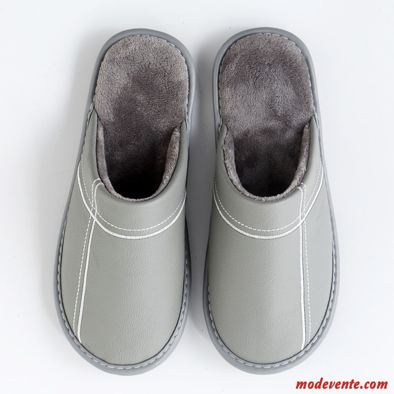 Chaussons Homme Cuir Véritable Fantaisie De Maison Hiver Tongs Chaussons Intérieur Gris