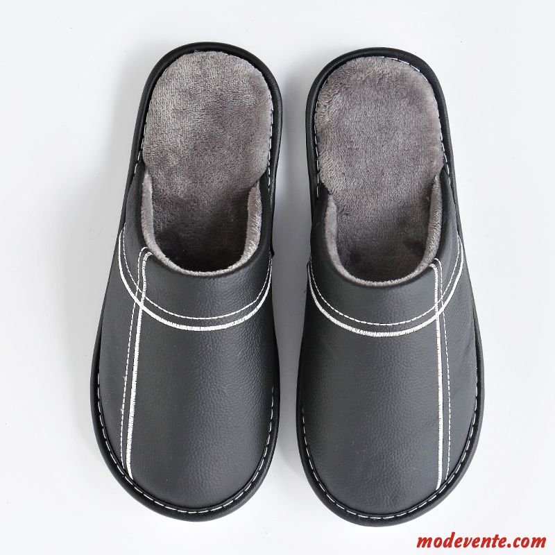 Chaussons Homme Cuir Véritable Fantaisie De Maison Hiver Tongs Chaussons Intérieur Gris