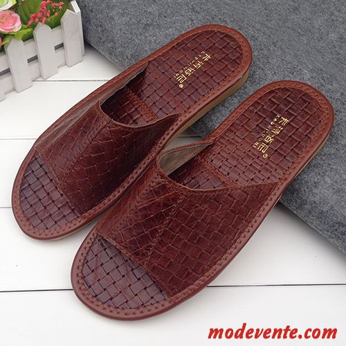 Chaussons Homme Fantaisie Charmant De Maison Cuir Cuir Véritable Antidérapant Brun Foncé