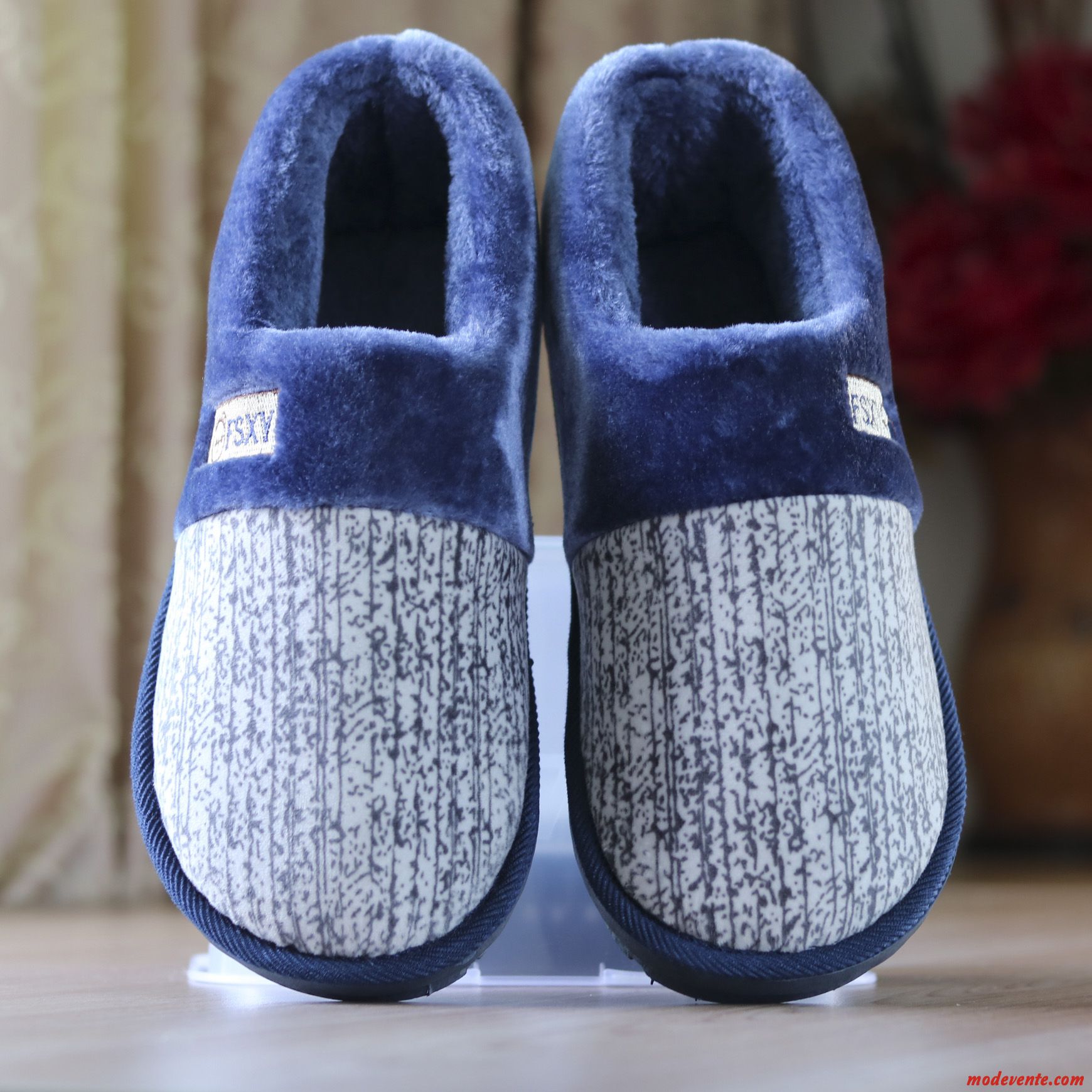 Chaussons Homme Hiver Grande Taille Chauds Matelassé Gros Semelle Épaisse Bleu