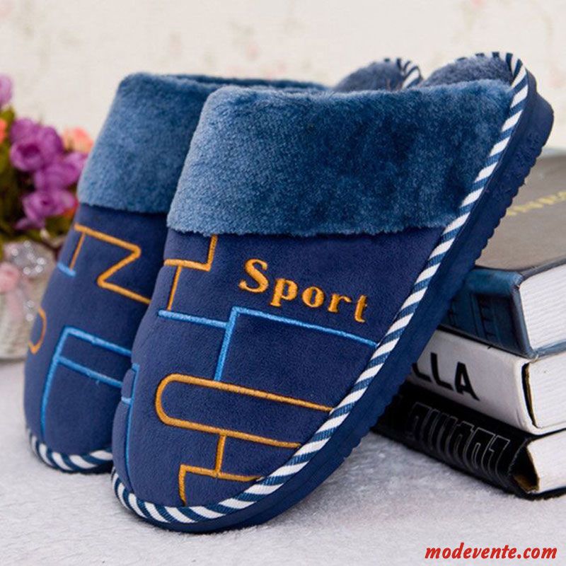 Chaussons Homme Hiver Intérieur Femme Chauds De Maison Grande Taille Bleu Marin