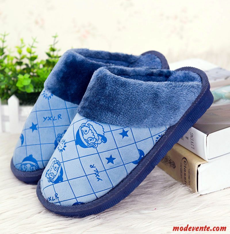 Chaussons Homme Hiver Intérieur Femme Chauds De Maison Grande Taille Bleu Marin