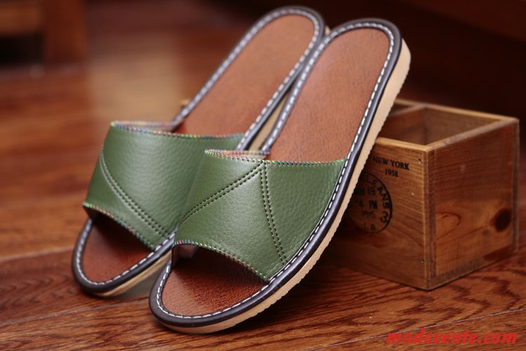 Chaussons Homme Intérieur Antidérapant Été Respirant Cuir Véritable Femme Vert