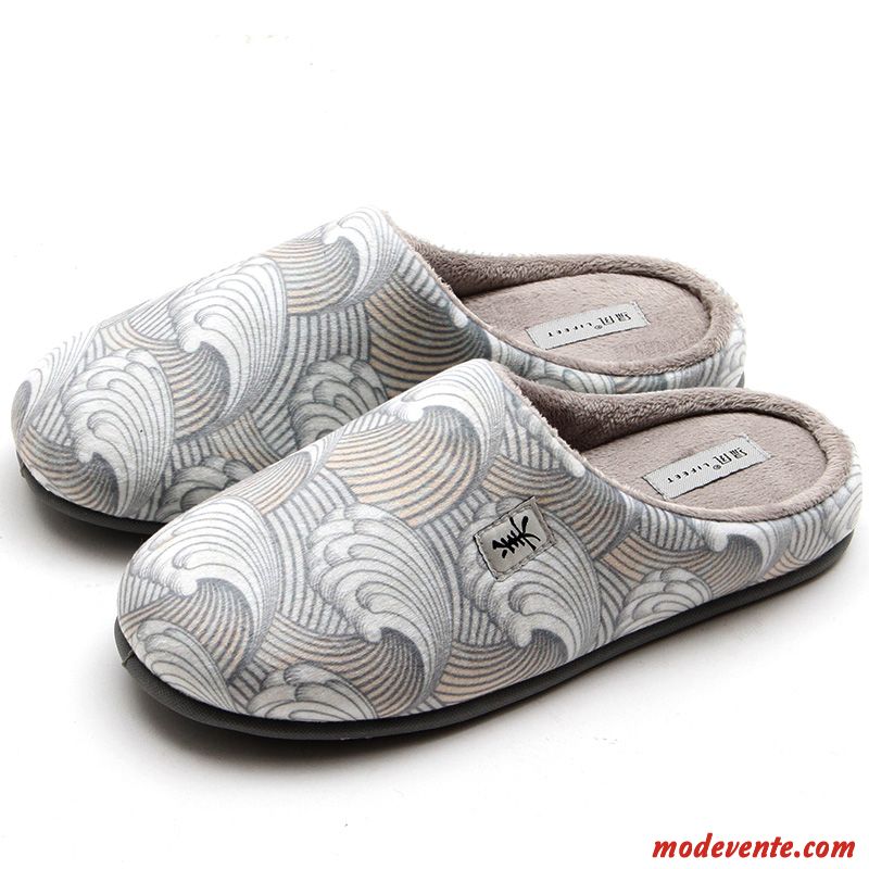 Chaussons Homme Matelassé Semelle Épaisse Hiver Fantaisie Intérieur Chauds Gris