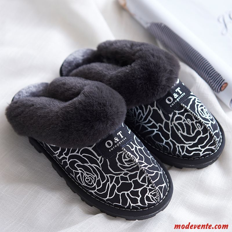 Chaussons Homme Semelle Épaisse Fantaisie Hiver Intérieur Femme Matelassé Noir