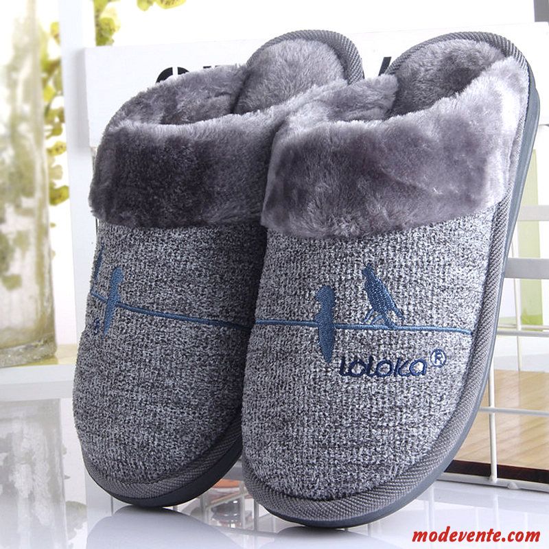 Chaussons Homme Semelle Épaisse Matelassé Intérieur De Maison Tongs Chaussons Hiver Gris