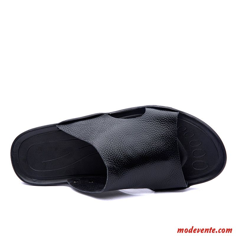 Chaussons Homme Été Antidérapant Cuir Véritable Outwear Tongs Chaussons Mode Noir