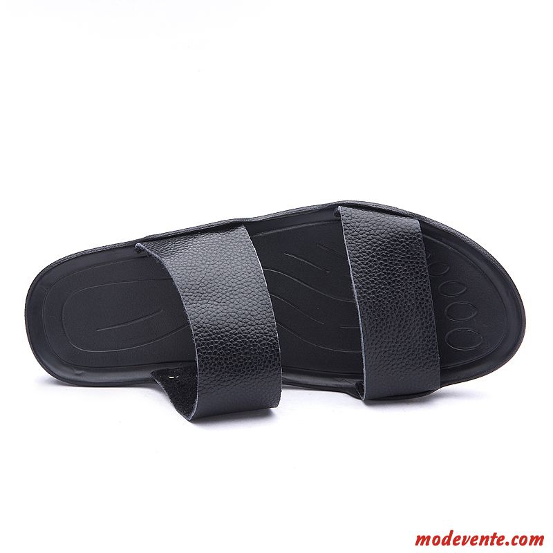 Chaussons Homme Été Antidérapant Cuir Véritable Outwear Tongs Chaussons Mode Noir