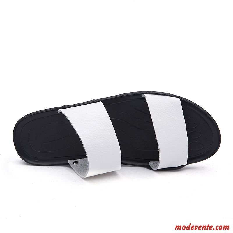 Chaussons Homme Été Antidérapant Cuir Véritable Outwear Tongs Chaussons Mode Noir