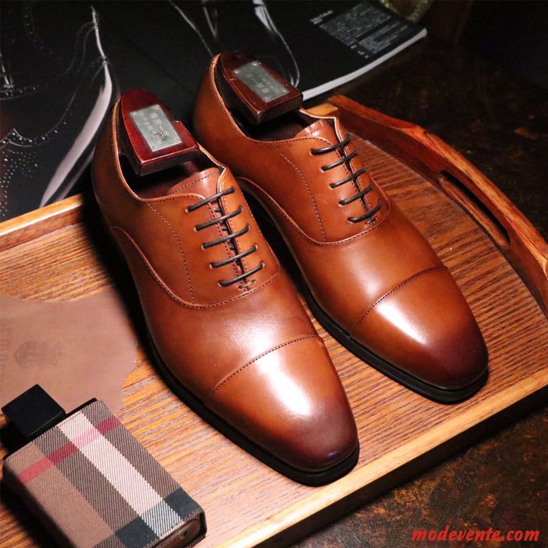 Chaussures De Ville Homme Costume Formel Oxford Angleterre Tendance Chaussures En Cuir Cuir Véritable Jaune Brun