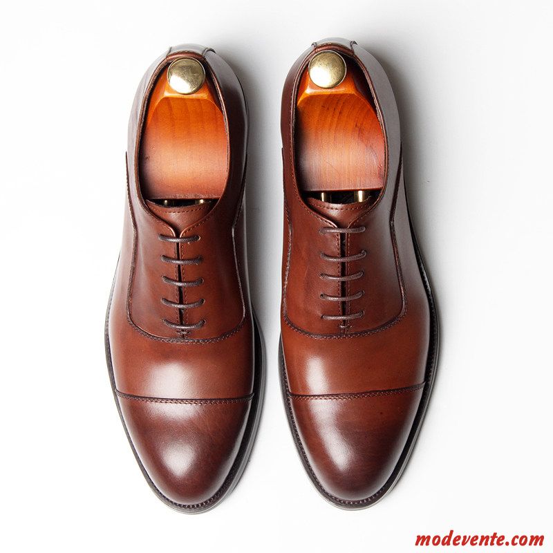 Chaussures De Ville Homme Cuir Véritable Rétro Chaussures En Cuir Oxford Costume Formel Angleterre Rouge Marron