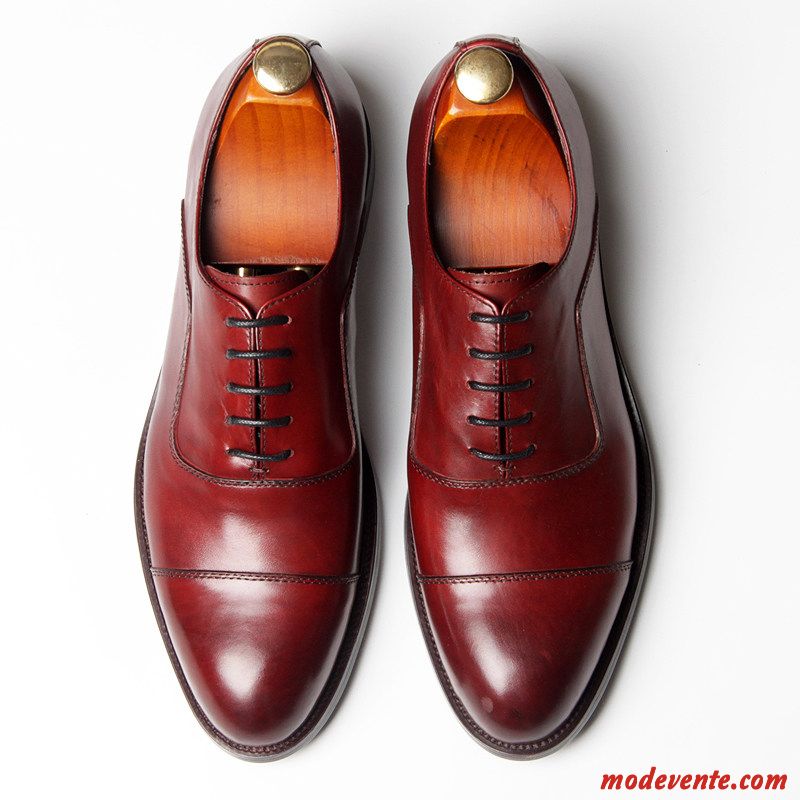 Chaussures De Ville Homme Cuir Véritable Rétro Chaussures En Cuir Oxford Costume Formel Angleterre Rouge Marron