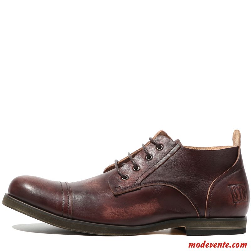 Chaussures De Ville Homme Tendance Cuir Véritable Chaussures En Cuir Bout Rond Décontractée Rétro Marron