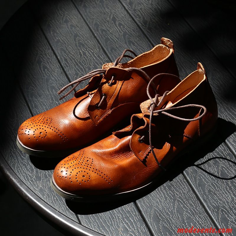 Chaussures De Ville Homme Tendance Cuir Véritable Chaussures En Cuir Bout Rond Décontractée Rétro Marron