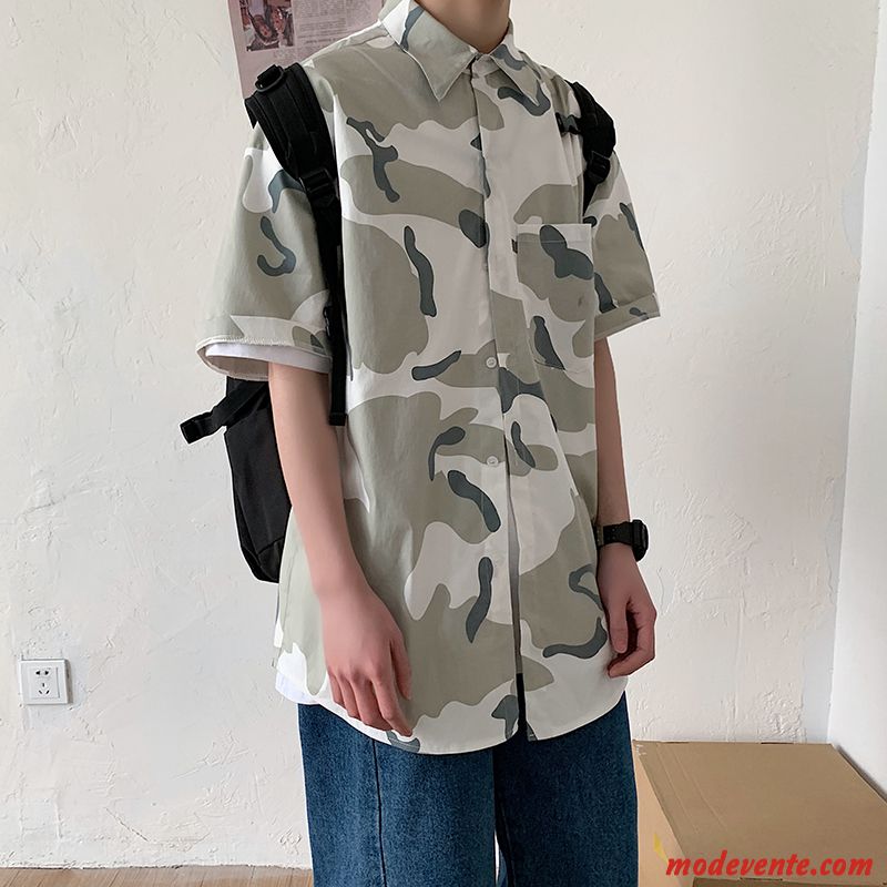 Chemise Homme Baggy Camouflage Tendance Beau Courte Manteau Vert