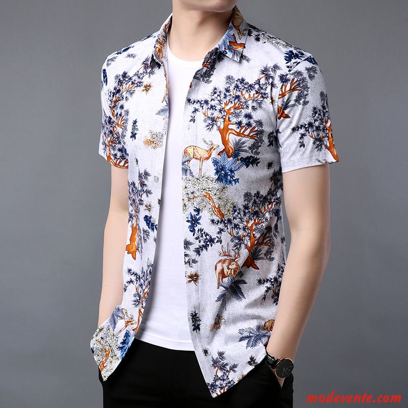 Chemise Homme Beau Chemisette Décontractée Tendance Été Impression Bleu