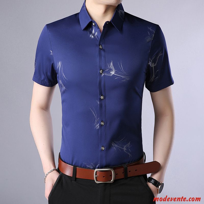 Chemise Homme Beau Demi Manche Décontractée Slim Tendance Chemisette Impression Bleu