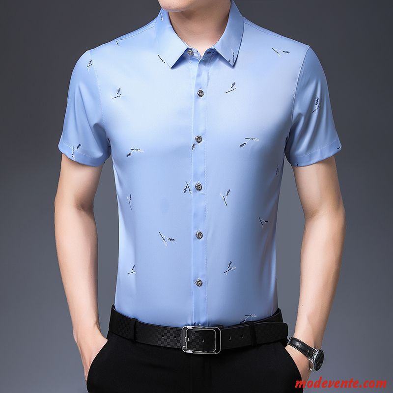 Chemise Homme Beau Demi Manche Décontractée Slim Tendance Chemisette Impression Bleu