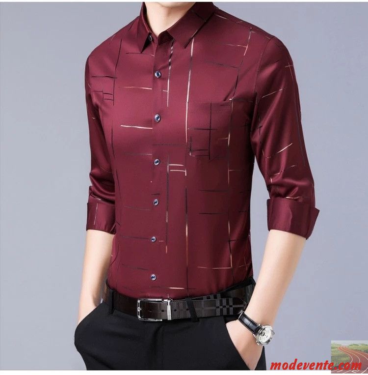 Chemise Homme Carreaux Matelassé Longues Légère Soie Soie De Glace Bordeaux