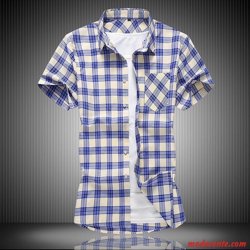 Chemise Homme Carreaux Été Courte Baggy Grande Taille Décontractée Bleu