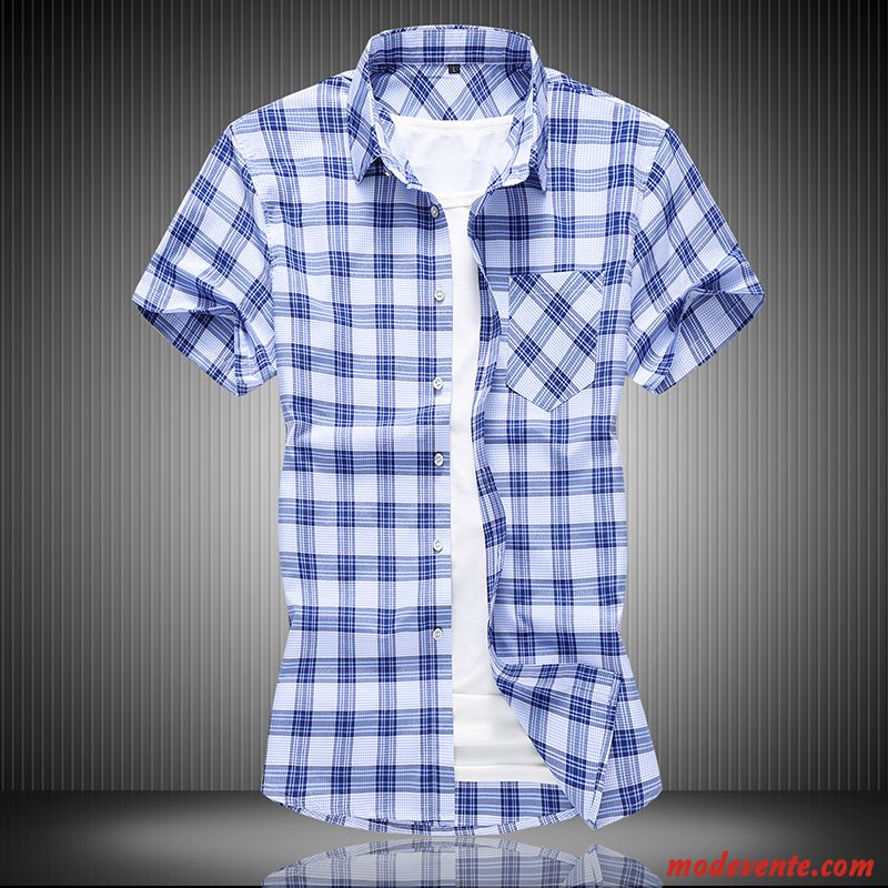 Chemise Homme Carreaux Été Courte Baggy Grande Taille Décontractée Bleu