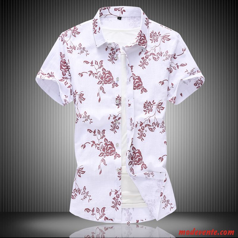 Chemise Homme Chemisette Lin Demi Manche Grande Taille Été Fleur Rouge