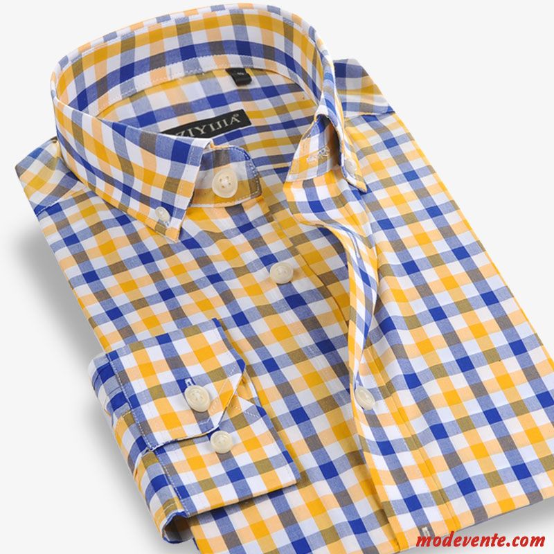 Chemise Homme Coton Bio L'automne De Travail Tendance Carreaux Longues Jaune