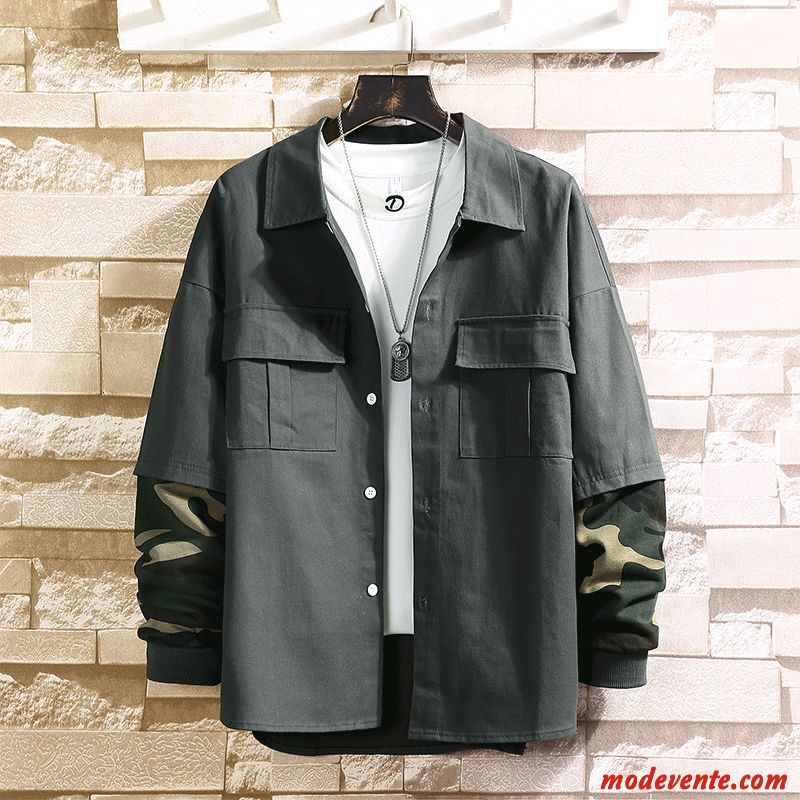 Chemise Homme Coton Bio Tendance Longues Deux-pièces Printemps Camouflage Impression Noir