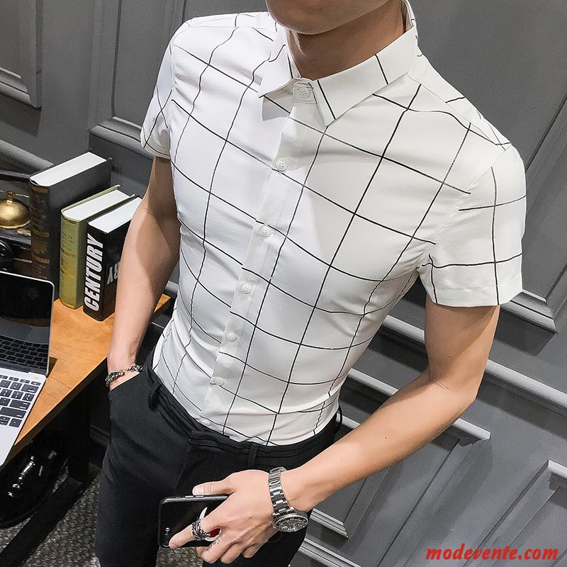 Chemise Homme Courte Britanique Slim Beau Carreaux Décontractée Blanc