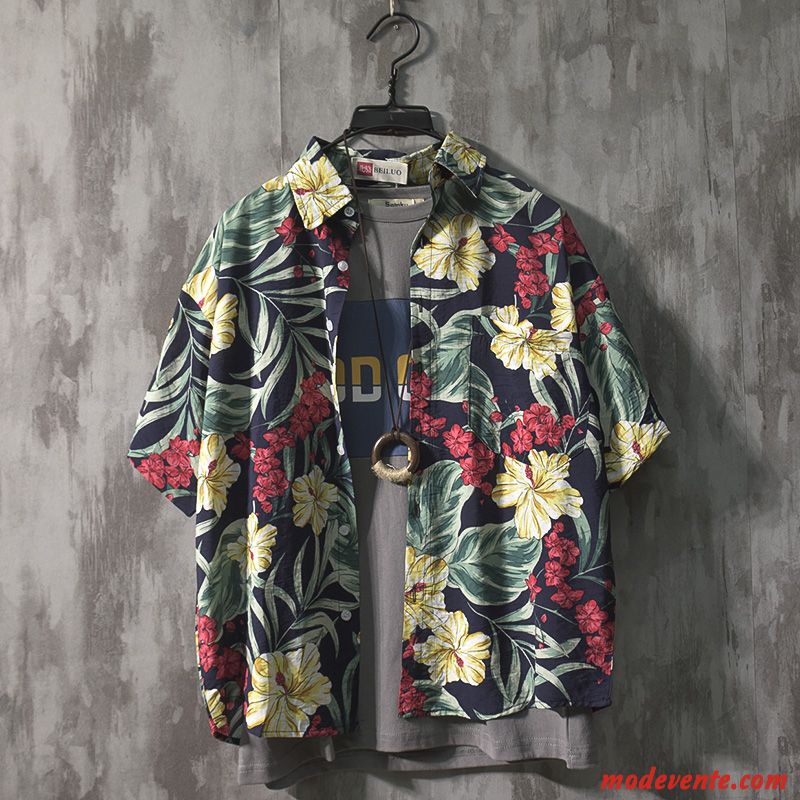 Chemise Homme Courte Tendance Beau Fleur Manche Floral Vert