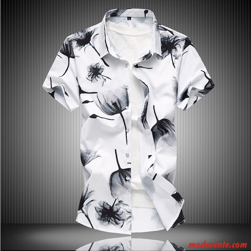 Chemise Homme Courte Tendance Fleur Grande Taille Été Baggy Impression Blanc