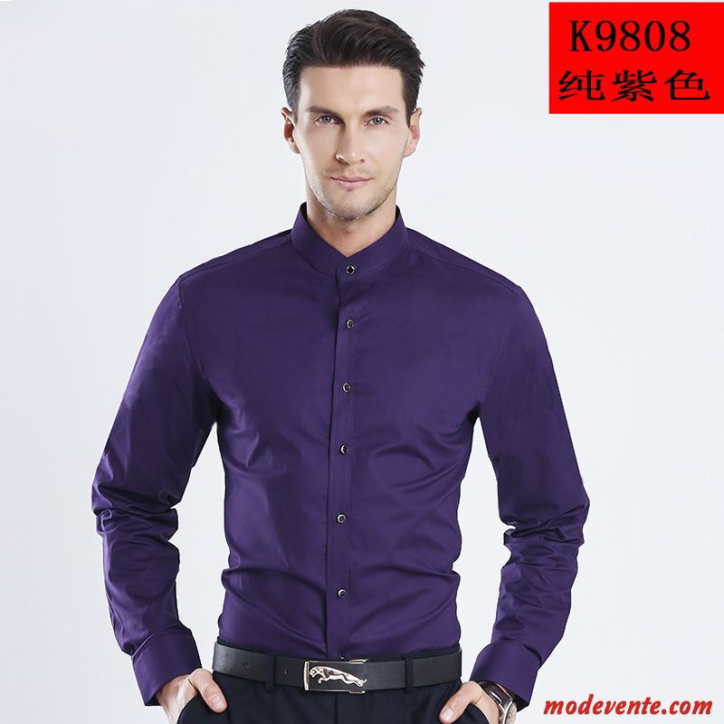 Chemise Homme De Travail Col Rond Longues Col Mandarin Style Chinois Slim Pure Violet