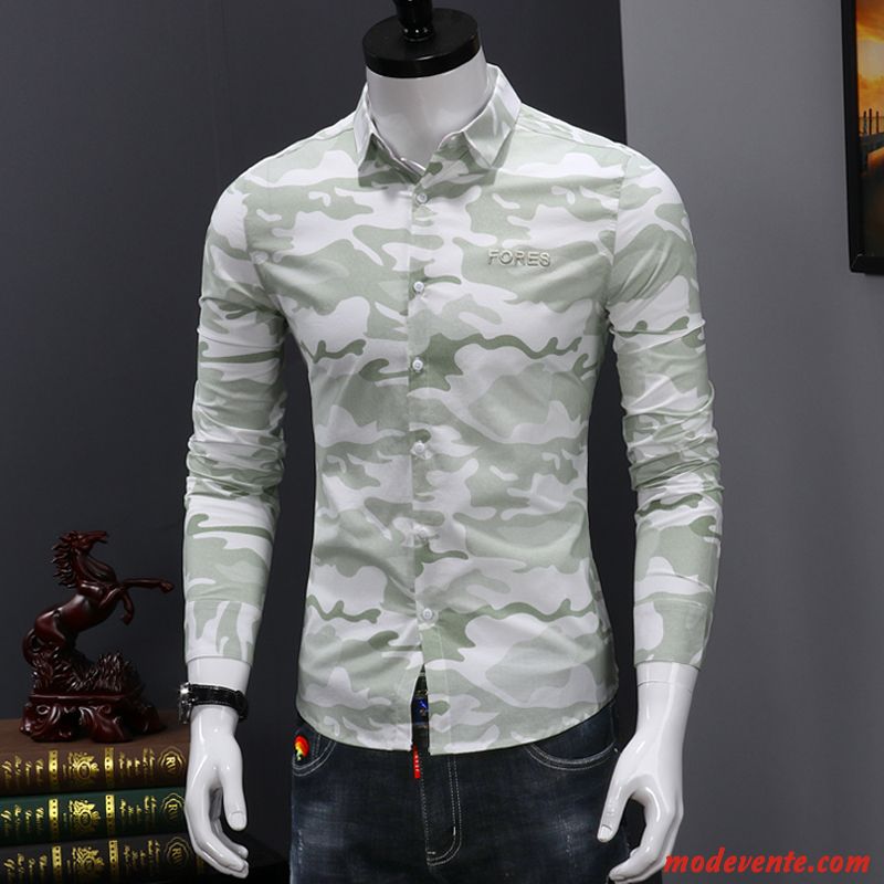 Chemise Homme De Travail Slim Tendance Longues Décontractée Jeunesse Impression Blanc Vert