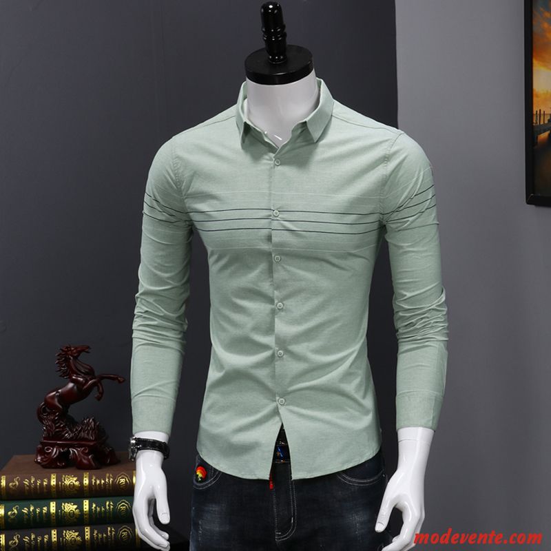 Chemise Homme De Travail Slim Tendance Longues Décontractée Jeunesse Impression Blanc Vert