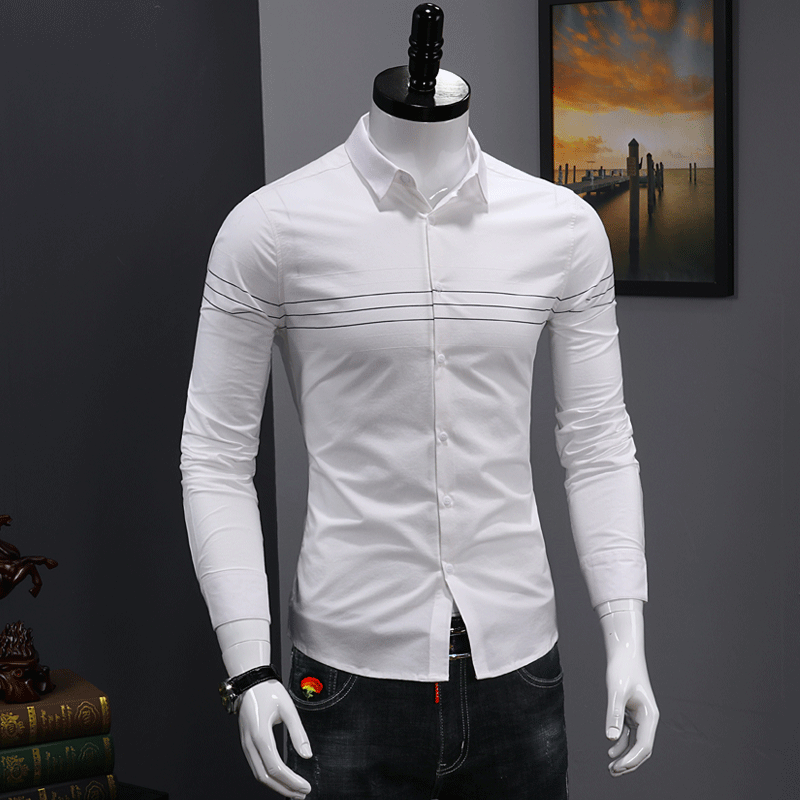 Chemise Homme De Travail Slim Tendance Longues Décontractée Jeunesse Impression Blanc Vert