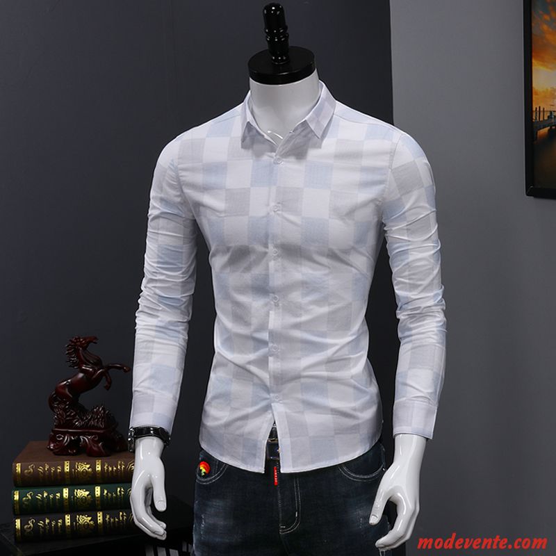 Chemise Homme De Travail Slim Tendance Longues Décontractée Jeunesse Impression Blanc Vert