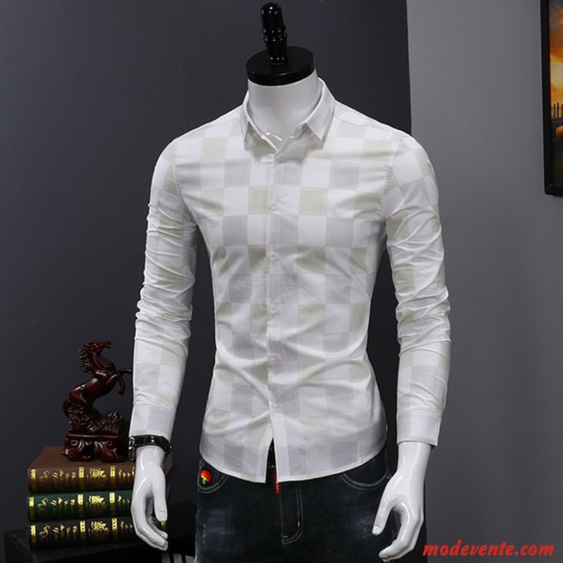 Chemise Homme De Travail Slim Tendance Longues Décontractée Jeunesse Impression Blanc Vert