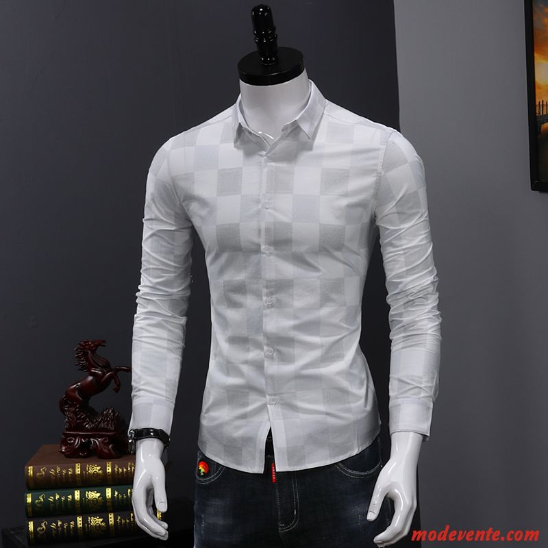 Chemise Homme De Travail Slim Tendance Longues Décontractée Jeunesse Impression Blanc Vert