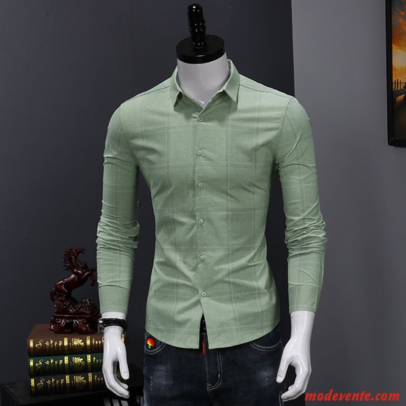 Chemise Homme De Travail Slim Tendance Longues Décontractée Jeunesse Impression Blanc Vert