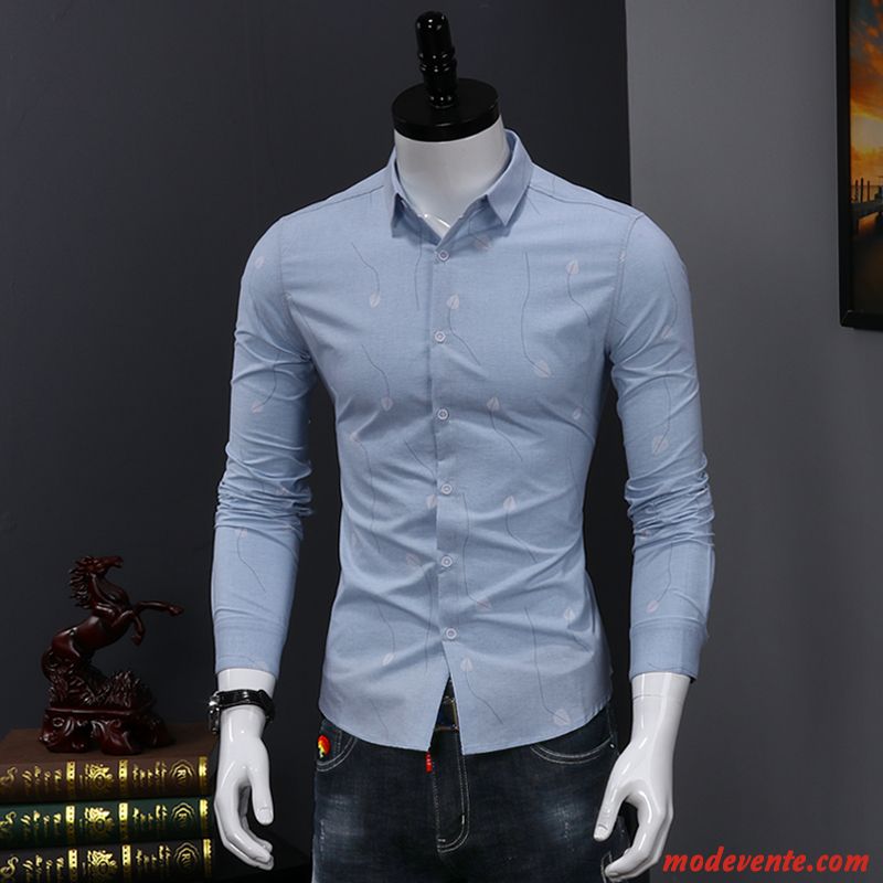 Chemise Homme De Travail Slim Tendance Longues Décontractée Jeunesse Impression Blanc Vert