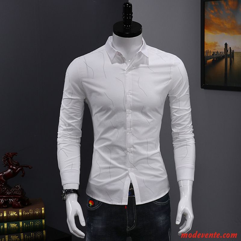 Chemise Homme De Travail Slim Tendance Longues Décontractée Jeunesse Impression Blanc Vert