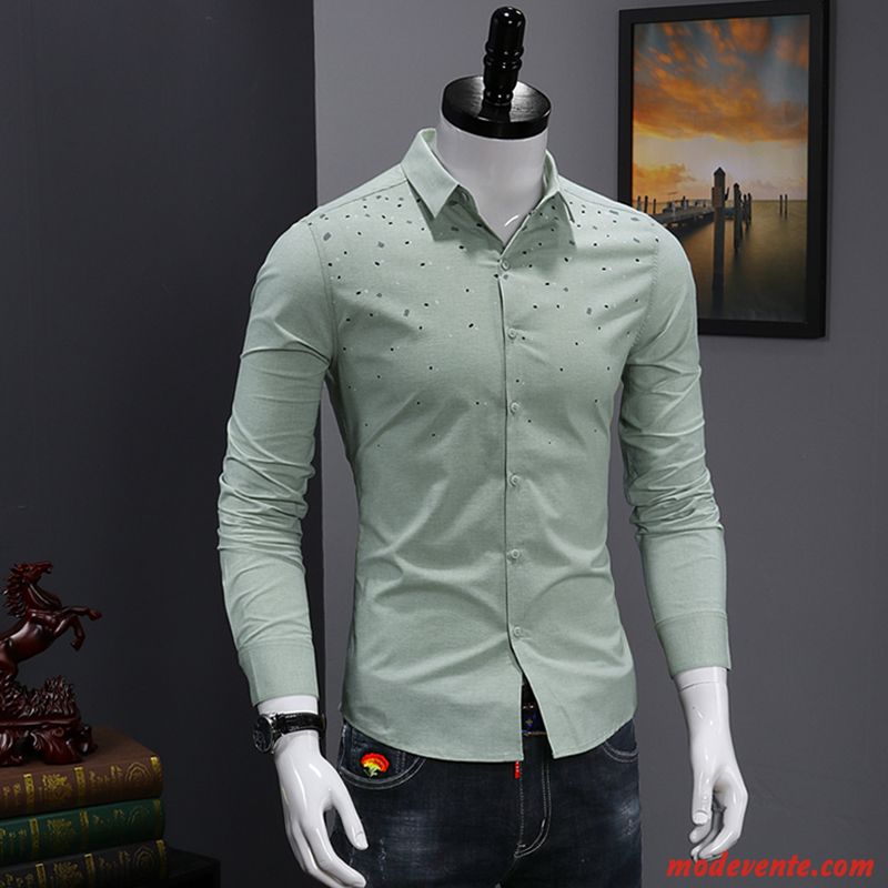 Chemise Homme De Travail Slim Tendance Longues Décontractée Jeunesse Impression Blanc Vert